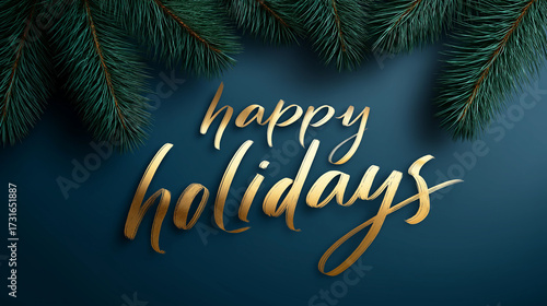 Elegant golden lettering spelling happy holidays on a dark blue background, surrounded by lush evergreen branches, creating a festive and cheerful atmosphere for seasonal celebrations