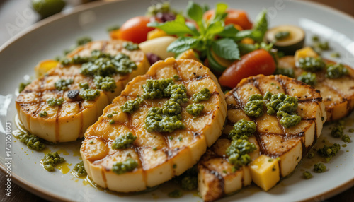 Grilled fish fillets topped with green sauce and served with colorful vegetables