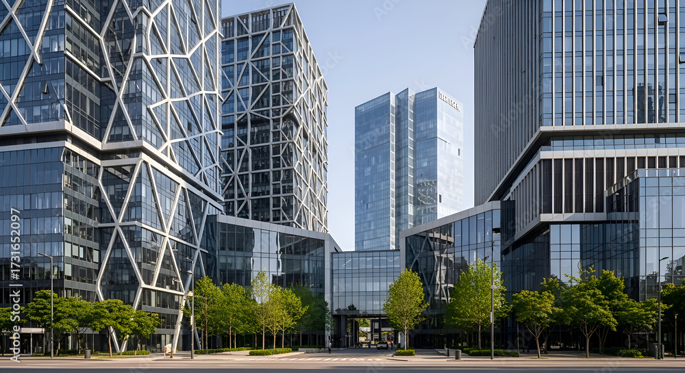 Fototapeta premium Contemporary architecture showcases modern office buildings in a vibrant urban landscape