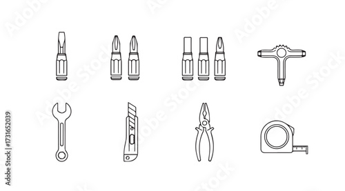 Collection of various hand tool silhouettes in a grid layout silhouette