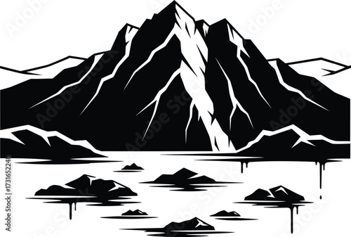 Detailed silhouette of a massive rocky mountain range over a lake or water surface with smaller foreground rocks vector illustration.