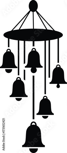 Detailed silhouette of a wind chime with multiple hanging bells, home decoration or musical instrument black and white vector illustration.
