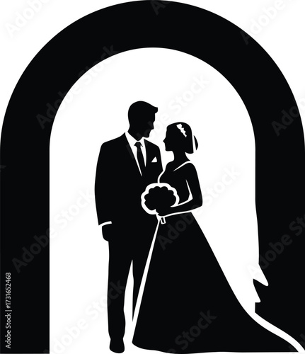 Wedding couple silhouette in a formal suit and bridal dress standing under an arch, marriage ceremony vector illustration.
