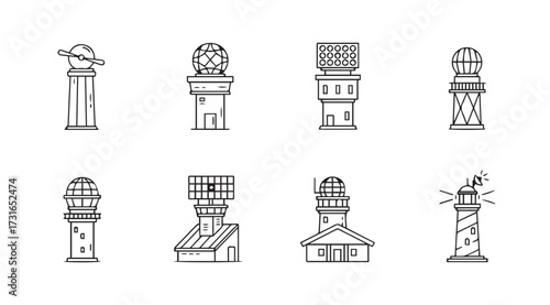 Collection of eight distinct lighthouse silhouettes in a simple line art style silhouette