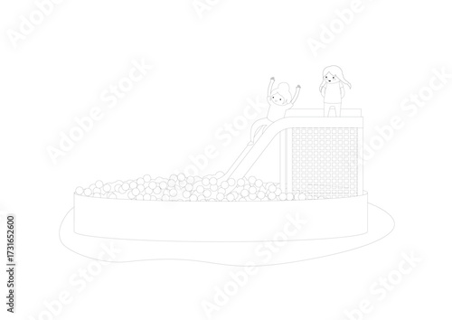 Vector illustration of children playing on water slide. Black and white outline