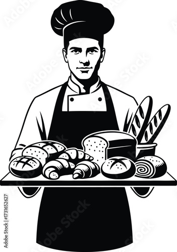 Baker in uniform holding a tray of various fresh bakery products including bread, croissants, and rolls silhouette vector illustration.