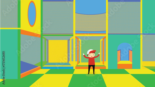 Boy in the playroom in the room. Vector illustration in flat style.