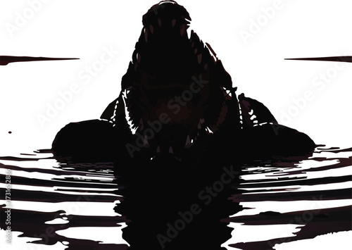 A dramatic silhouette of an alligator emerging from dark water, its jaws open wide, creating a sense of danger and mystery, isolated on white background