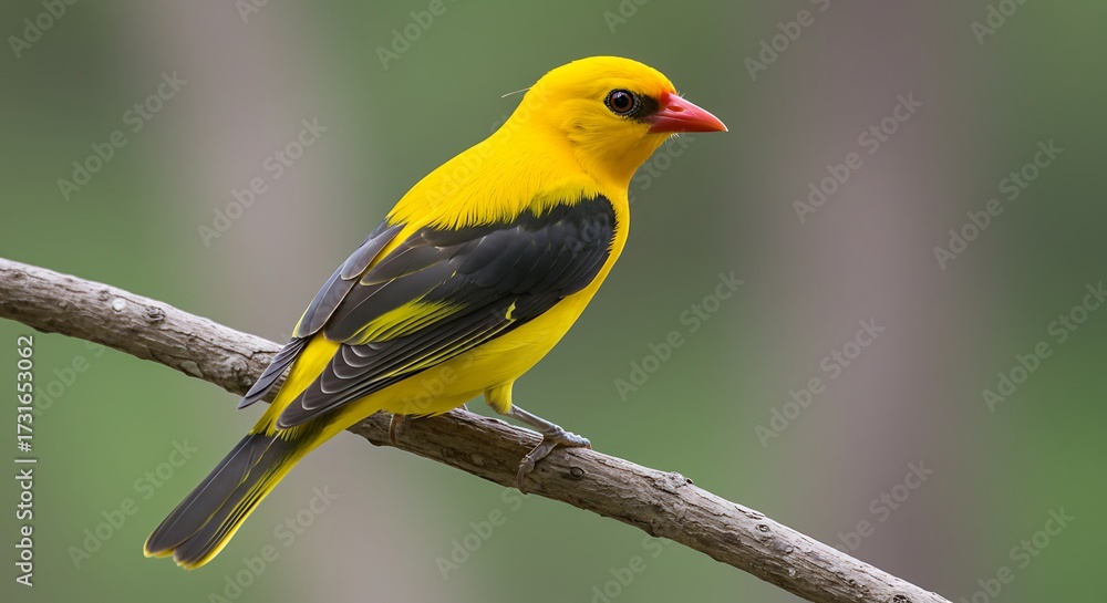 Fototapeta premium Vibrant golden oriole bird perched on branch in nature environment