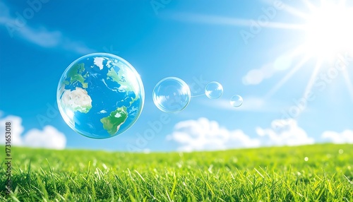 Earth globe in a bubble over a grassy field, sunny sky