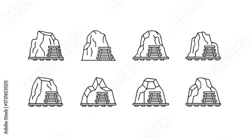 Collection of eight unique rock formations with stacked elements silhouette