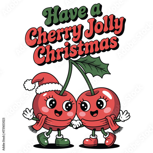 Cute cartoon cherries wearing santa hats and christmas outfits wishing a jolly christmas