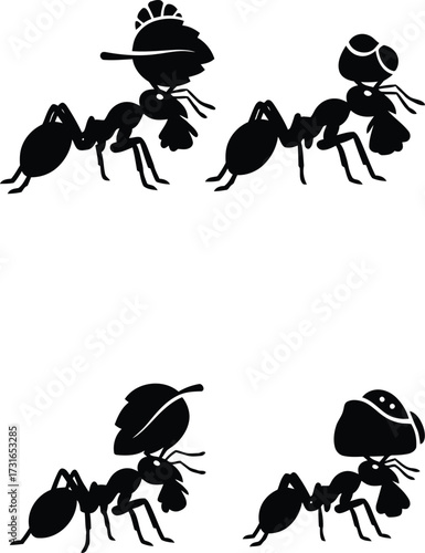 Set of four black and white silhouettes of busy leaf-cutter ants carrying leaves and mushroom parts, working insects vector illustration.