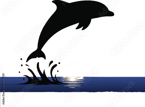 Silhouette of a dolphin jumping out of the water at sunset, creating a dynamic and eyecatching image, isolated on white background