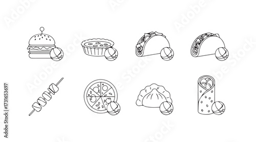 Collection of popular fast food items in a clean line art silhouette style