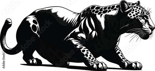 Illustration of a sleek panther in a crouching position isolated on white background, its spotted coat and muscular build conveying a sense of agility and power