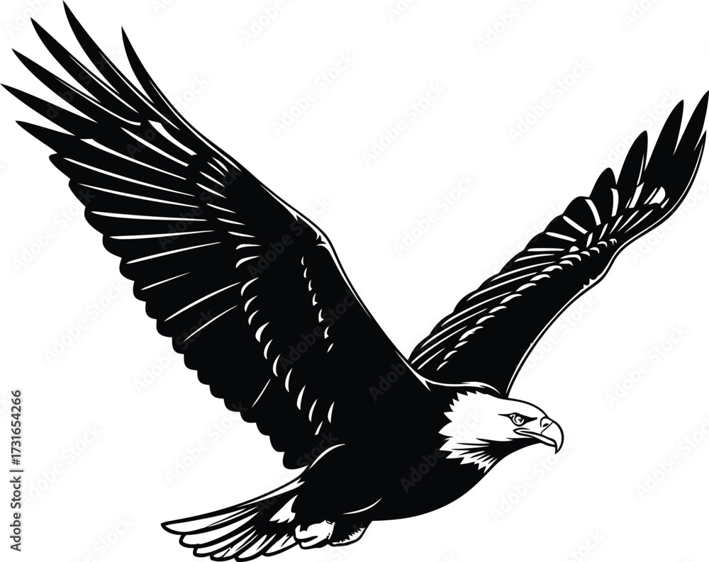 Fototapeta premium Majestic bald eagle soars through the sky, its wings spread wide in a display of freedom and power isolated on white background a symbol of strength and grace