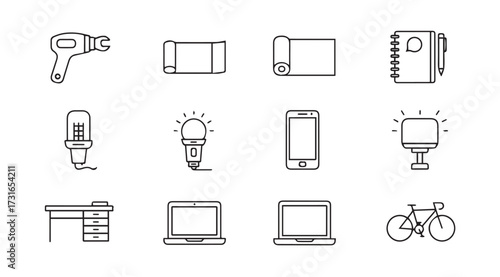 Collection of simple line art icons representing various objects and tools silhouette