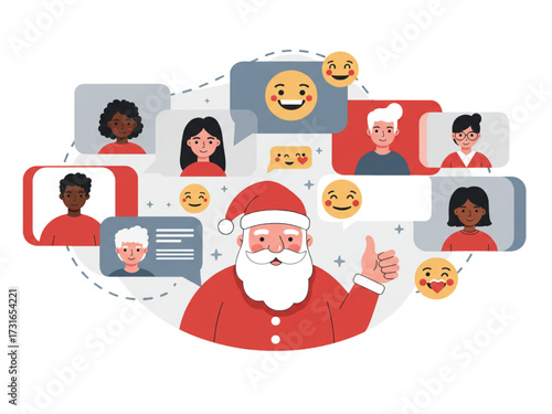 Remote Team Mosaic with Santa Reactions, Flat Vector on White