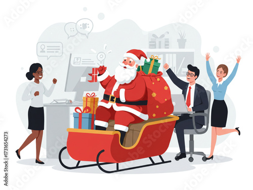  Santa Delivers Office Gifts on Chair Sleigh, Diverse Coworkers, Flat Vector