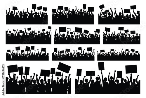 Black silhouettes of crowds holding signs and raising fists