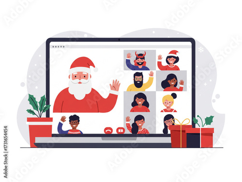 Santa on Video Call with Remote Coworkers, Flat Vector on White background