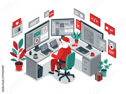  Santa Pair Programming with Developer, Isometric Office, Flat Vector White