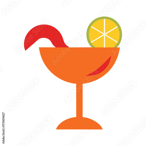 Vibrant orange cocktail with lime garnish and red swirl party drink simple flat style