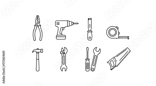 Collection of hand drawn construction and repair tools silhouette