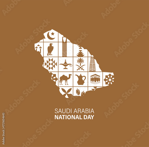 Traditional Saudi arabia Pattern Designs with Saudi Arabia Icons in Beige Background for Cultural Heritage Concept . Saudi National Day