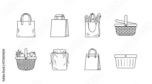 Collection of eight hand drawn shopping bags and picnic baskets silhouette