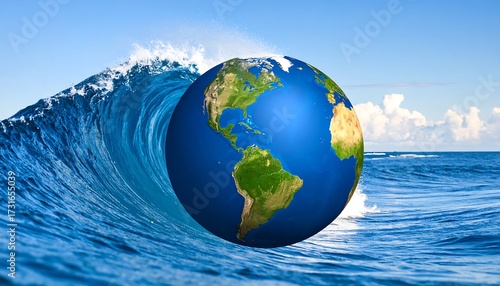 Fototapeta Naklejka Na Ścianę i Meble -  Earth globe in a large ocean wave