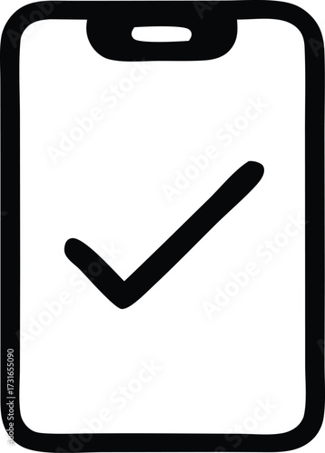 Simple check mark icon on a mobile device outline representing task completion and success