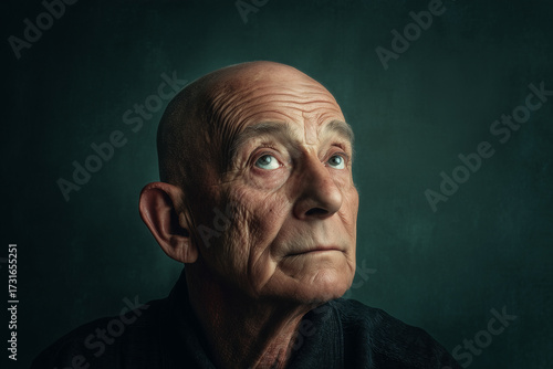 Close-up portrait of an elderly man with expressive wrinkles and a thoughtful gaze looking upward against a dark textured background, dramatic studio lighting highlighting facial features.