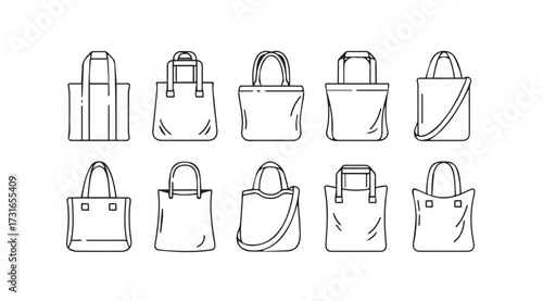 Collection of ten different shopping bag silhouettes in a sketch style silhouette