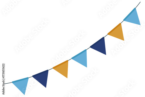 Colorful festive bunting garland with triangular flags in blue and yellow tones. Minimal flat illustration perfect for party decorations, birthday invitations, Hanukkah celebrations, holiday posters