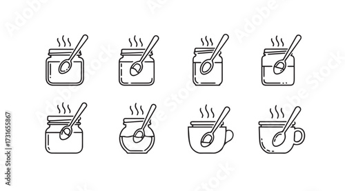 Collection of eight hand drawn hot beverage cups and jars with spoons silhouette