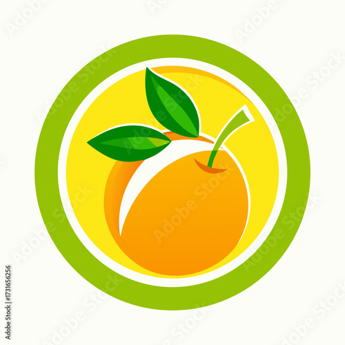 Vibrant orange fruit with green leaves in a circular emblem