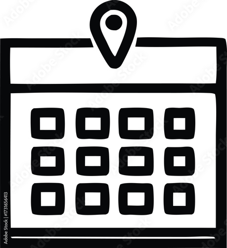 Hand-drawn calendar icon with a location pin symbolizing scheduled appointments and important dates for event planning or reminders