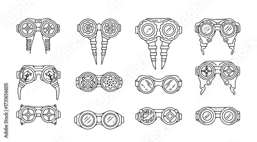 Collection of intricate steampunk goggles and eyewear in a detailed silhouette style