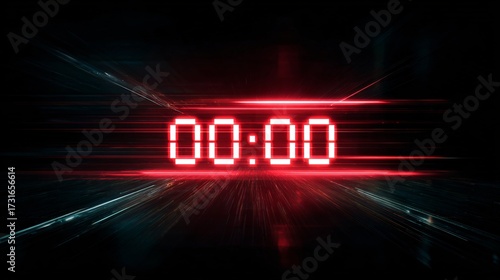 Abstract urgency concept with glowing red countdown timer 00:00 dynamic motion blur light trails.