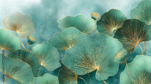 Fototapeta Naklejka Na Ścianę i Meble -  Emerald Lotus Serenity: Delicate emerald-toned lotus blossoms emerge from an abstract watercolor background. This captivating digital artwork evokes a sense of peace and tranquility.