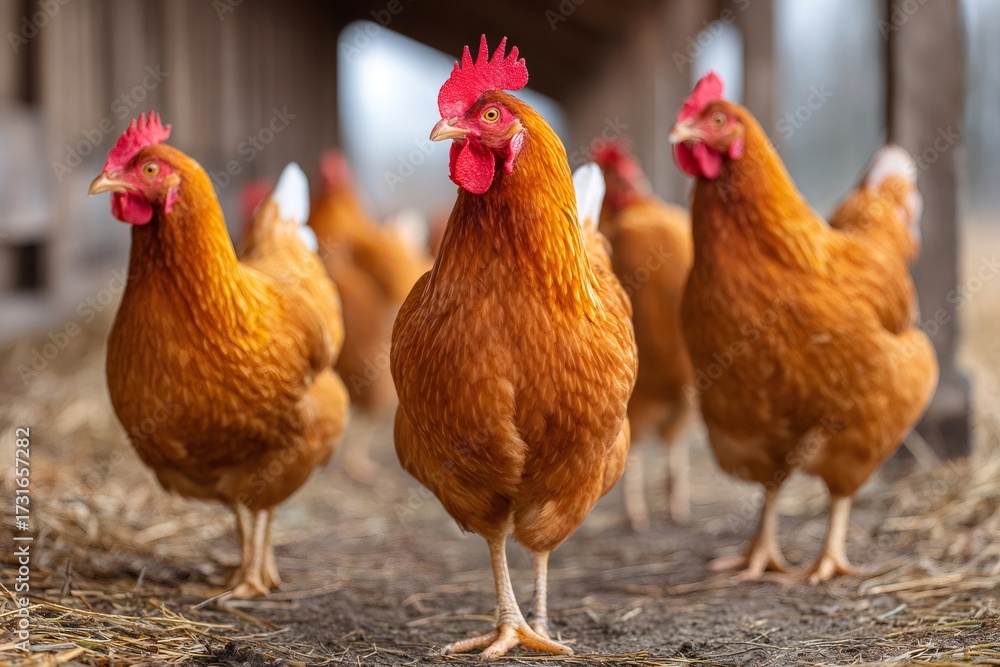 Fototapeta premium Free range chickens grazing on organic farm ground