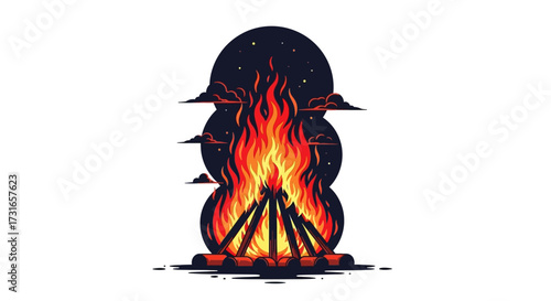 Vibrant graphic illustration of a roaring bonfire at night, with fiery flames and burning wood logs creating a symbol of warmth, adventure, and togetherness
