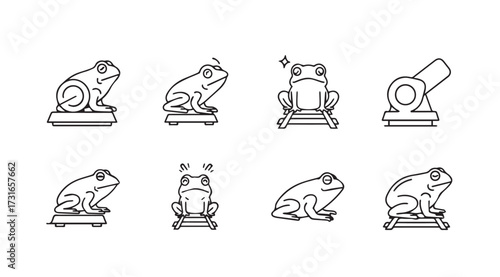 Collection of eight distinct frog silhouettes in various poses and styles silhouette