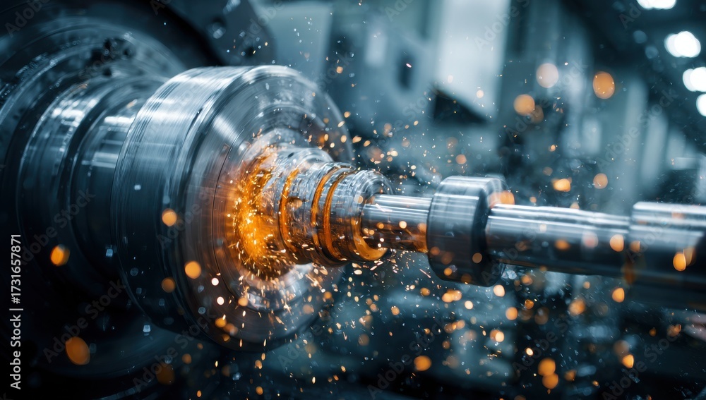 Fototapeta premium A futuristic and high-tech product with an orange color, being lathe-machined by industrial machinery in the background