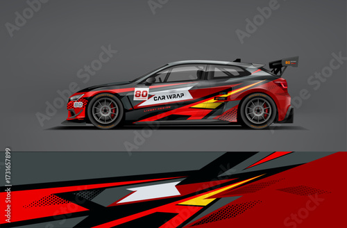 Editable vector EPS car wrap featuring red and black lightning streak design. Futuristic aggressive livery for drift, rally, and motorsport competition cars.
