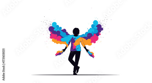 Energetic splash of vivid colors forming ethereal wings around a dynamic human silhouette, embodying the joyful liberation of imagination and artistic freedom