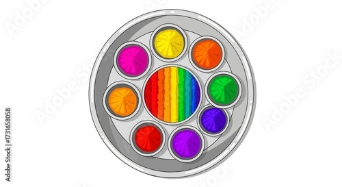 A circular arrangement of vibrant paint pots, showcasing a spectrum of colors from red to violet, symbolizing creativity, art, and the joy of artistic expression in a visually striking composition