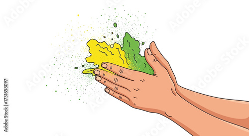 Hands releasing a vibrant burst of yellow and green powder, possibly celebrating a festival or conveying a sense of artistic creation and joy, set against a clean white background